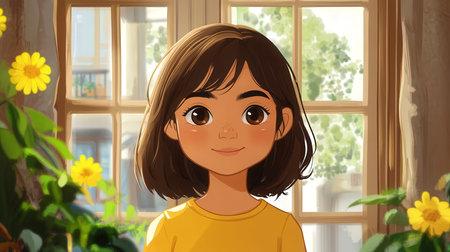 Girl in the room at home with flowers in the foreground - illustrationの素材