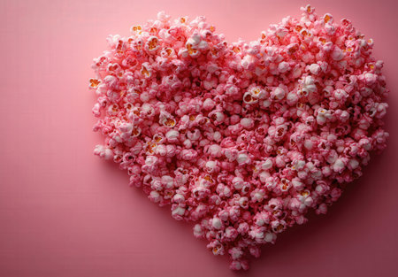 Heart shaped popcorn on a pink background. Valentine's Day concept.の素材
