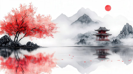 Chinese traditional painting landscape, red pagoda, mountain and lake.の素材