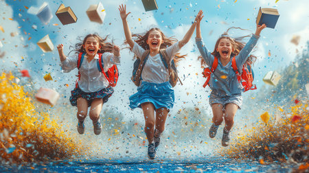 Happy schoolgirls jumping in the air. Back to school concept.の素材