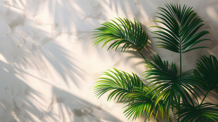 Tropical palm leaves on white wall background. Copy space.の素材