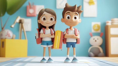 Boy and girl with backpacks on the floor. 3D rendering.の素材