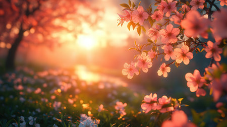 Beautiful blooming sakura flowers in the garden at sunset.の素材