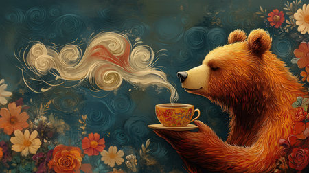 Illustration of a bear drinking tea from a cup on a floral backgroundの素材
