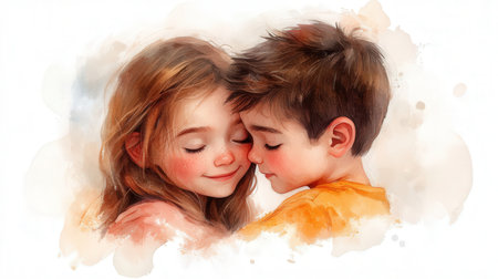 Portrait of a boy and a girl kissing on a white backgroundの素材