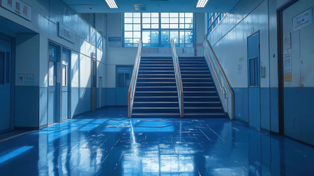 3D render of a corridor in a hospital with blue walls and blue floorの素材
