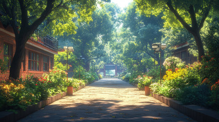 Beautiful alley in the park at sunset in Beijing, China.の素材