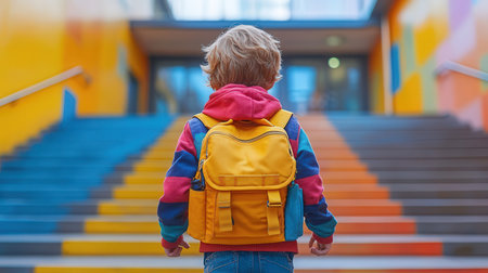 Back view of little boy with backpack going to school. Back to school concept.の素材