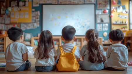 Back view of children sitting on the floor in the classroom. Back to school concept.の素材