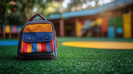Colorful backpack on green grass field with blurred playground background, education conceptの素材