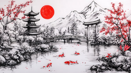 Chinese traditional painting, closeup of photo, beautiful landscape with red lanternsの素材