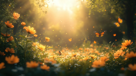 Sunset in the meadow with daisies and butterflies.の素材