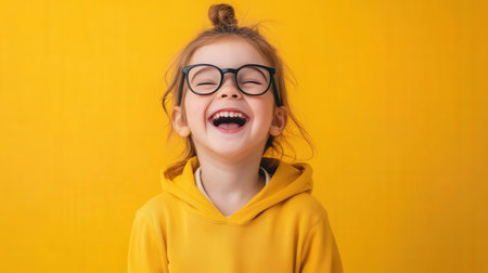 Portrait of a smiling little girl in glasses on a yellow backgroundの素材
