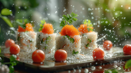 sushi with salmon and cherry tomatoes on a wooden board with splashes of waterの素材