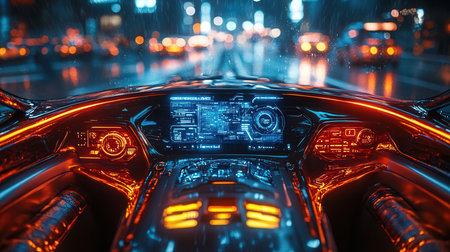 View from the inside of a modern car at night. 3d renderingの素材