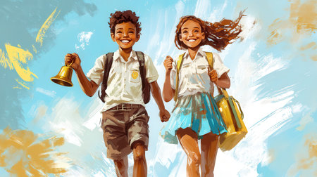 Two happy schoolchildren with backpacks and school bell in hand.の素材