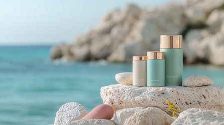 Mockup of cosmetic products on stone near sea, closeupの素材