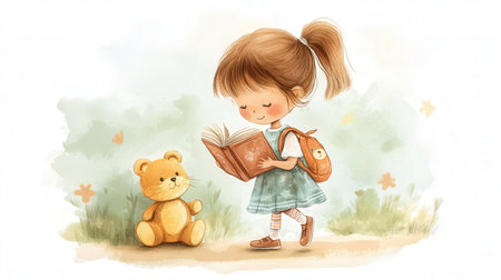 Little girl with a book and teddy bear. Vector illustration.の素材
