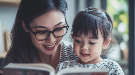 Asian mother and daughter reading book together in living room at home.の素材