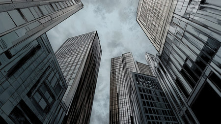 Low angle view of modern skyscrapers in financial district of Singaporeの素材