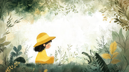 Girl in a yellow dress and hat on the background of the jungle.の素材
