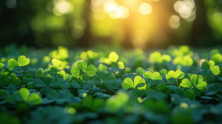 Green leaves of a clover in the rays of the sun.の素材