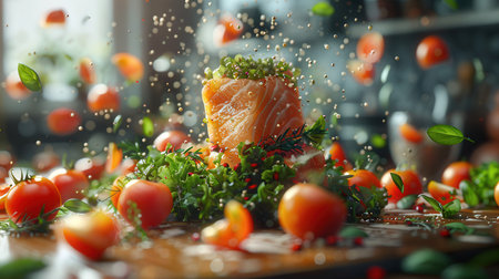 Falling tomatoes and salmon with splashes on wooden table in kitchenの素材