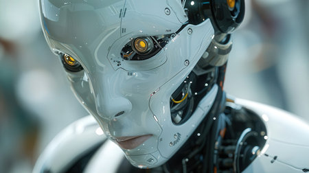 3D rendering humanoid robot head closeup in modern technology concept.の素材