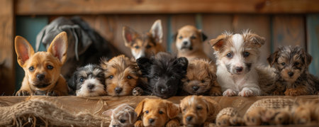 Group of cute puppies on a wooden background. Selective focus.の素材