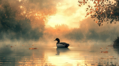 Duck on the lake in autumn foggy morning. Beautiful nature backgroundの素材