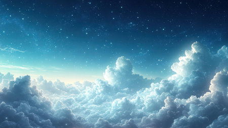 Blue sky background with white clouds and stars. 3d render illustrationの素材