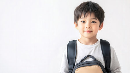 Portrait of cute asian boy with backpack on white background.の素材