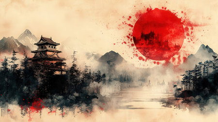 Chinese landscape with pagoda, mountains and red sun. Digital paintingの素材