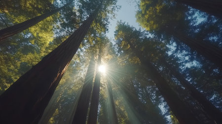 Sun rays through the trees of Redwood forest, California, USAの素材