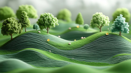 3d rendering of a green hill with trees growing in it.の素材