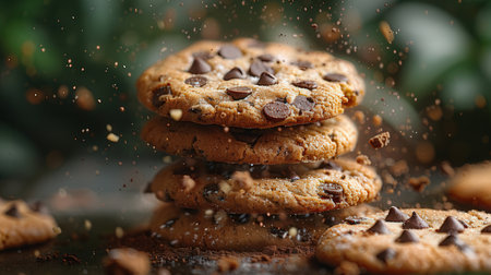Chocolate chip cookies with splashes of cocoa on dark background, closeupの素材