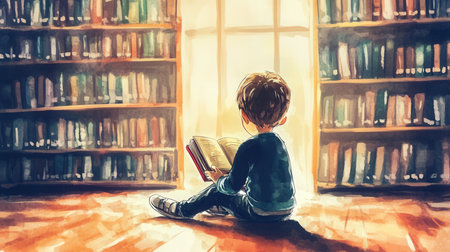 Little boy reading a book in the library. Back to school and education concept.の素材