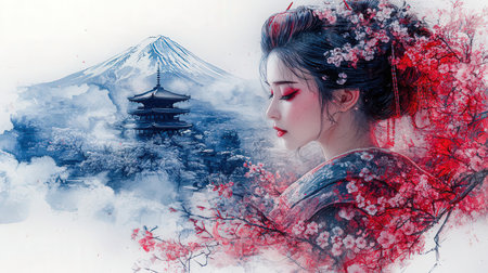Digital painting of a Japanese woman in front of Mt. Fuji.の素材
