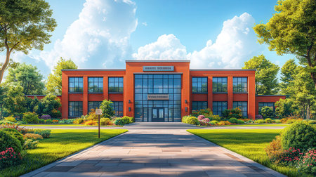 3D render of a school building in a city park on a sunny dayの素材