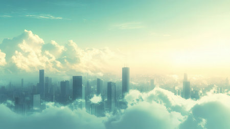 Cityscape and skyscrapers in the clouds. 3d renderの素材
