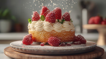 Delicious cake with raspberries and cream on plate, closeupの素材