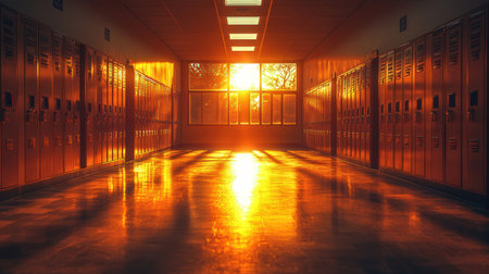 3d render of school corridor with lockers and sunbeamsの素材