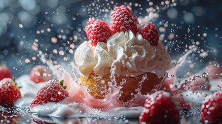 Cupcake with raspberries and cream splashes on dark backgroundの素材