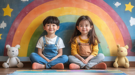 Happy children playing in the room with colorful rainbow background, education conceptの素材