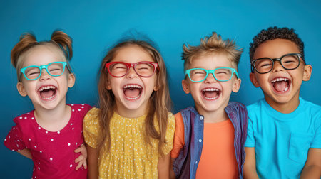 Portrait of a happy group of children with glasses on blue backgroundの素材