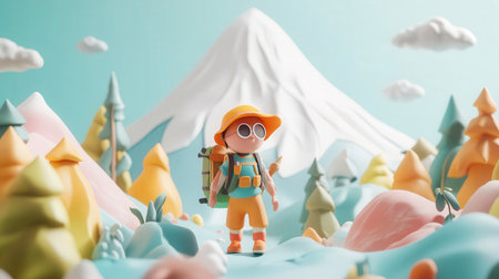 3d illustration. Cartoon character with backpack and hat standing on the background of the mountains.の素材