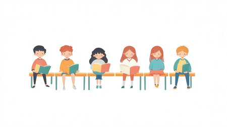 group of students sitting on bench and reading books. vector illustration.の素材