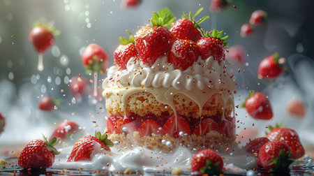 Strawberry cake with white cream and fresh berries on a dark backgroundの素材