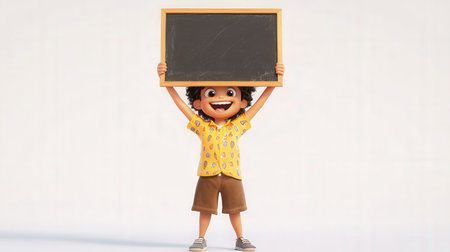 Cute african american boy holding blackboard on white backgroundの素材