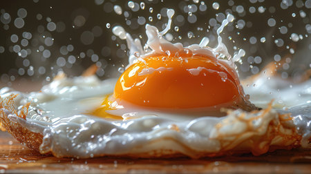 Fried egg with splashes of water on a wooden board.の素材